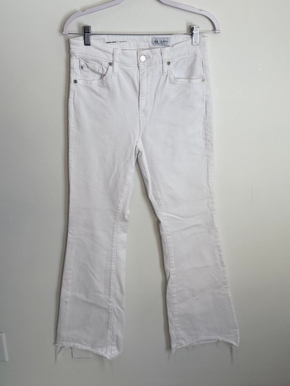 AG Farrah Boot High Rise Fit White raw hem jeans size 28
